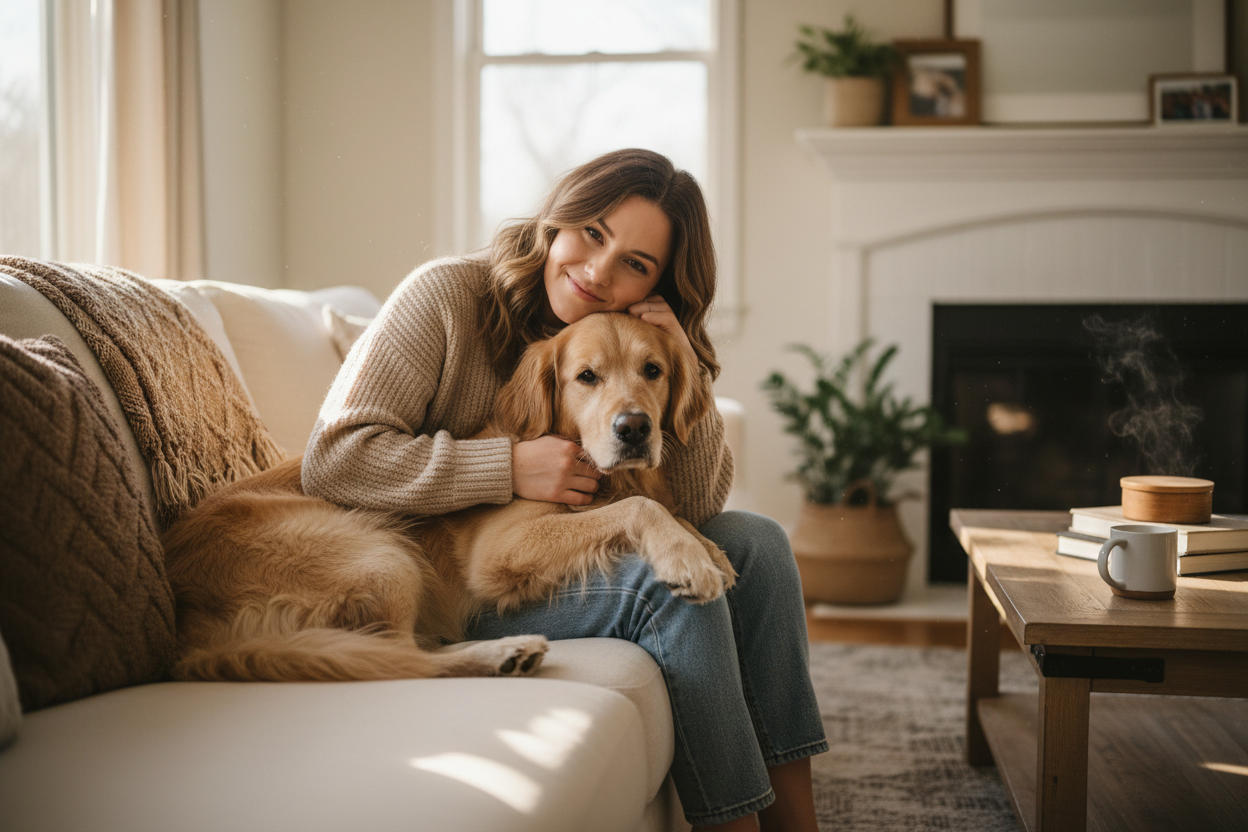 un chien avec sa maitresse sur un canapé